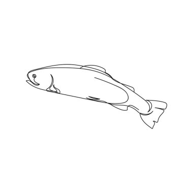 Beyaz arka planda taze alabalığın siluetini çizen tek bir çizgi sürekli vektör. Doğrusal biçimlendirilmiş.