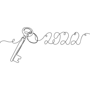 Yeni yıl sembolü 2022 'de beyaz arka planda siluet olarak tek bir satır halinde anahtar simgesi çizmeye devam et. Doğrusal biçimlendirilmiş.