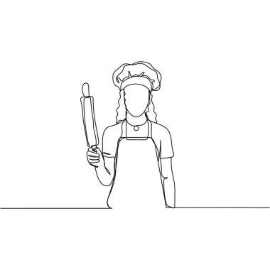 Vektör, beyaz arka planda aşçının siluetini çizen tek çizgi ikonudur. Doğrusal biçimlendirilmiş.