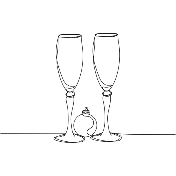 白を基調としたシルエットのクリスマスボールを持つシャンパンのグラスのベクトル連続1本の線画アイコン 線形形式 — ストックベクタ