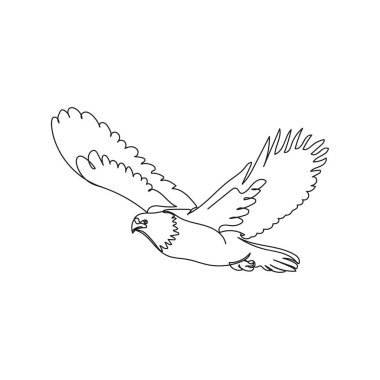 Beyaz arka planda siluet içinde uçan kartal simgesini çizen tek bir çizgi sürekli vektör. Doğrusal biçimlendirilmiş.