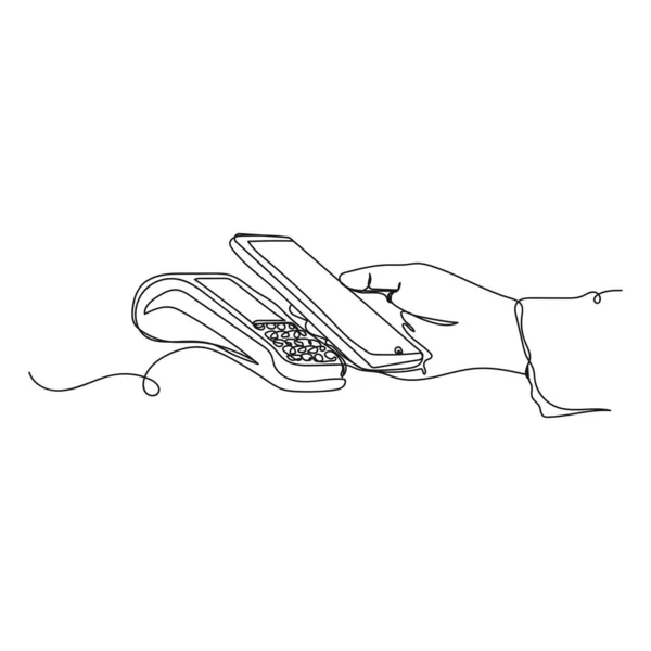 白い背景にシルエットで携帯電話で電話端末決済を保持する手のベクトル連続1本の線画アイコン 線形形式 — ストックベクタ