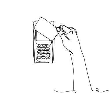 Vector sürekli tek bir çizgi çizerek kredi kartının beyaz bir arkaplan üzerinde pos terminal ödemesi ile siluetini soyarak simge çiziyor. Doğrusal biçimlendirilmiş.