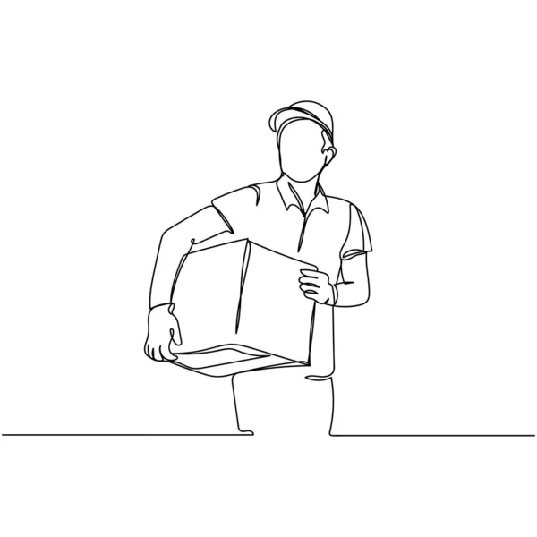矢量连续一个单行绘图图标邮递员递送包裹航运在一个白色背景的轮廓 线性风格化 — 图库矢量图片