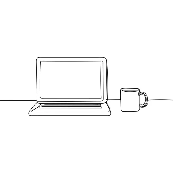 矢量连续一个单行绘图图标的家庭办公室笔记本电脑在轮廓的白色背景 线性风格化 — 图库矢量图片