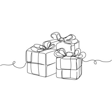 Beyaz arka planda siluet şeklinde kurdeleli hediye kutusunun simgesini sürekli olarak çizen vektör. Doğrusal biçimlendirilmiş.