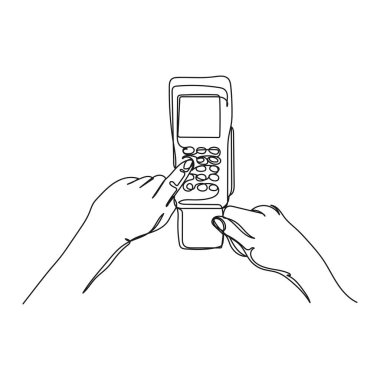 Beyaz arkaplanda siluet halinde ödeme terminali olan, el ile ödeme yapan tek bir çizgi çizme ikonu. Doğrusal biçimlendirilmiş.