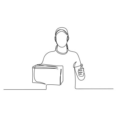 Beyaz arka planda profesyonel teslimatçının silüeti olan tek bir çizginin sürekli simgesi. Doğrusal biçimlendirilmiş.