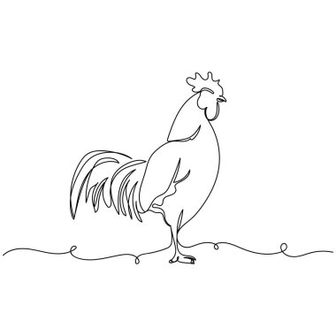 Beyaz arka planda siluette horoz simgesi çizen tek bir çizgi sürekli vektör. Doğrusal biçimlendirilmiş.