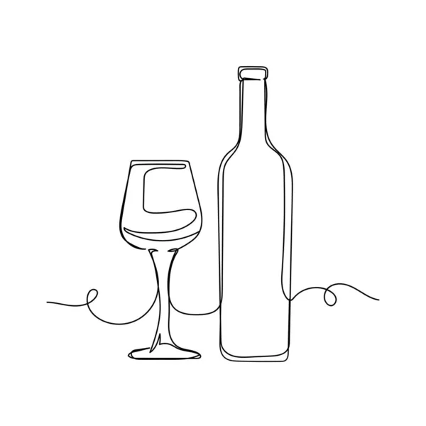 Vector Kontinuierlich Eine Einzige Linie Zeichensymbol Von Weinflasche Und Glas — Stockvektor