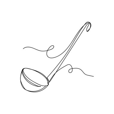 Beyaz arka planda sürekli tek bir çizgi halinde, mutfak çorba kepçesinin silüetini çizen bir simge. Doğrusal biçimlendirilmiş.