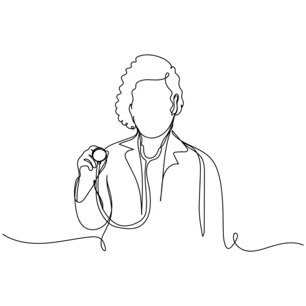 白い背景にシルエットで聴診器を持つ女性医師のベクター連続一本の線画アイコン 線形形式 — ストックベクタ