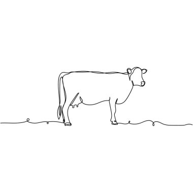 Beyaz arka planda inek çiftliği konseptinin tek çizgi ikonunu siluette sürekli olarak çizen vektör. Doğrusal biçimlendirilmiş.