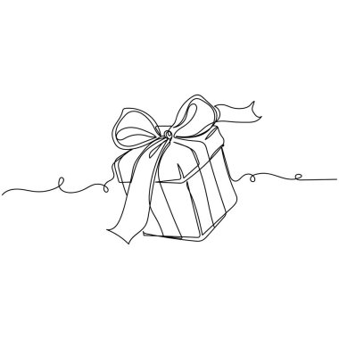 Beyaz arka planda siluet şeklinde kurdeleli hediye kutusunun simgesini sürekli olarak çizen vektör. Doğrusal biçimlendirilmiş.
