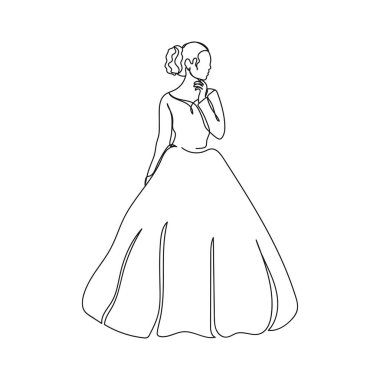 Beyaz arka planda siluet içinde güzel gelin simgesi çizen tek bir satır aralıksız vektör. Doğrusal biçimlendirilmiş.