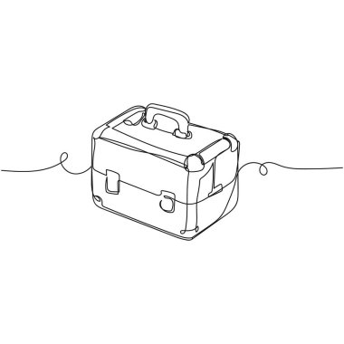 Beyaz arkaplana kozmetik kutunun silüetini çizen tek çizgi ikonu. Doğrusal biçimlendirilmiş.