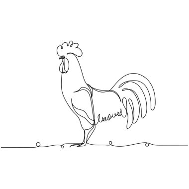 Beyaz arka planda siluette horoz simgesi çizen tek bir çizgi sürekli vektör. Doğrusal biçimlendirilmiş.