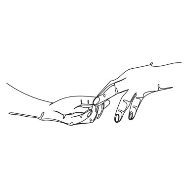 Beyaz bir arkaplanda el ele tutuşup el ele tutuşma simgesini sürekli olarak çizen vektör. Doğrusal biçimlendirilmiş.