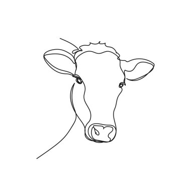 Beyaz arka planda siluet şeklinde çiftlik konsepti üzerine ineklerin tek bir çizgi ikonunu sürekli olarak çizen vektör. Doğrusal biçimlendirilmiş.