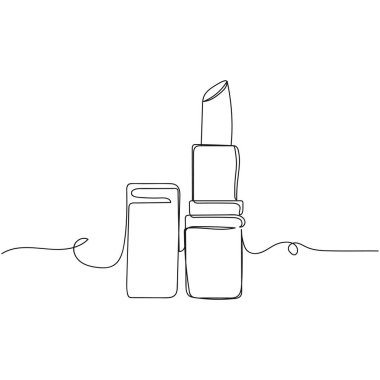 Beyaz arka planda ruj kozmetik konseptinin sürekli tek çizgi çizimi. Doğrusal biçimlendirilmiş.