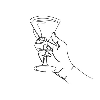 Beyaz arka planda bir bardak alkollü kokteyli siluette tutmanın tek çizgi ikonu. Doğrusal biçimlendirilmiş.