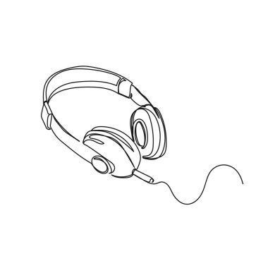 Beyaz arkaplana sürekli olarak kulaklık simgesi çizen bir vektör. Doğrusal biçimlendirilmiş.