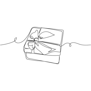 Beyaz arka planda siluet şeklinde hediye kutusu Noel 'in doğum günü konseptini çizen tek bir satır aralıksız vektör. Doğrusal biçimlendirilmiş.