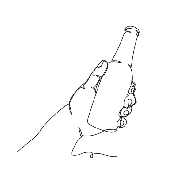 白を基調としたシルエットでビールボトルを手で握るベクトル連続ワンラインドローイングアイコン 線形形式 — ストックベクタ