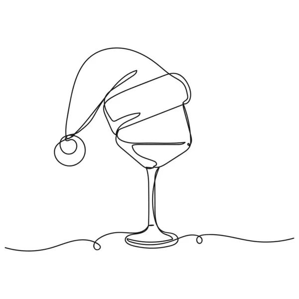 Vector Kontinuierlich Eine Einzige Linie Zeichnung Symbol Des Weinglases Weihnachtsmannhut — Stockvektor