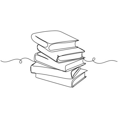 Beyaz arkaplanda silüet halinde yığınla kitap içeren tek satır ikonu çizmeye devam et. Doğrusal biçimlendirilmiş.