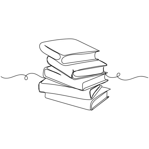 Beyaz arkaplanda silüet halinde yığınla kitap içeren tek satır ikonu çizmeye devam et. Doğrusal biçimlendirilmiş.