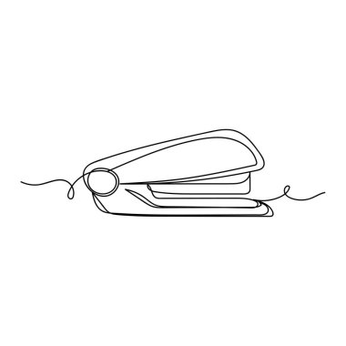 Beyaz arka planda siluet çizimi ile zımba ikonunun sürekli tek çizgi çizimi. Doğrusal biçimlendirilmiş.