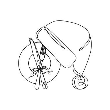 Beyaz bir arkaplanda siluet çizimi yaparak yılbaşı masasının simgesini çizmeye devam et. Doğrusal biçimlendirilmiş.