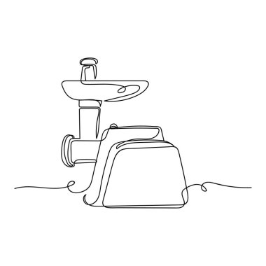Beyaz arka planda siluette modern elektrikli et öğütücüsünün tek bir çizgi ikonunu sürekli olarak çizen vektör. Doğrusal biçimlendirilmiş.