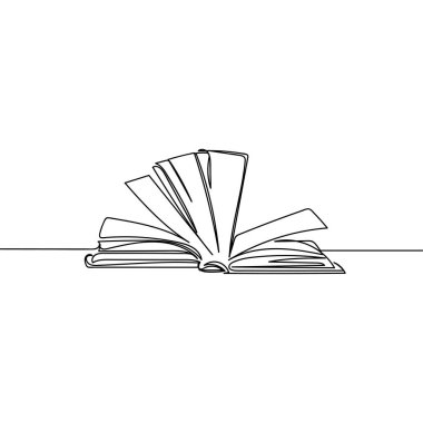 Beyaz arkaplana açık bir kitabın silüetini çizen tek bir satır aralıksız vektör. Doğrusal biçimlendirilmiş.