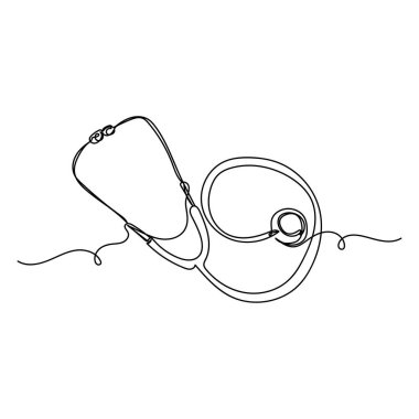 Beyaz arkaplana steteskopun silüetini çizen tek çizgi ikonu. Doğrusal biçimlendirilmiş.