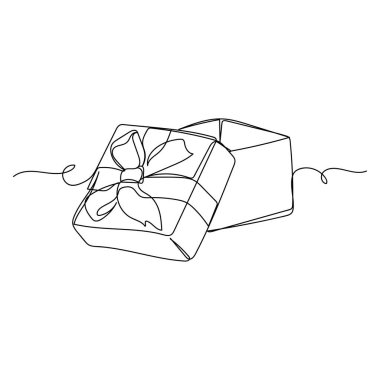 Beyaz arka planda siluet içinde açık hediye kutusunun tek satır ikonunu sürekli olarak çizen vektör. Doğrusal biçimlendirilmiş.