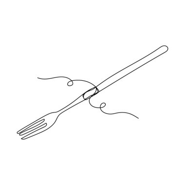 Beyaz arkaplana çatal ve silüet çizimi simgesi çizerek sürekli bir vektör oluşturun. Doğrusal biçimlendirilmiş.