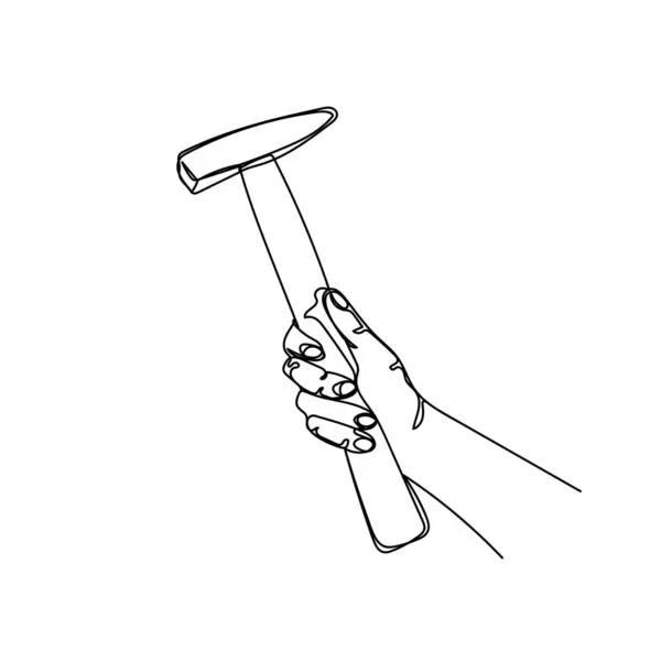 白い背景にシルエットでハンマーを保持する手のベクトル連続1本の線画アイコン 線形形式 — ストックベクタ