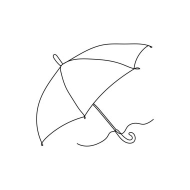 Beyaz arkaplanda açık şemsiye simgesinin sürekli tek çizgi çizimi. Doğrusal biçimlendirilmiş.
