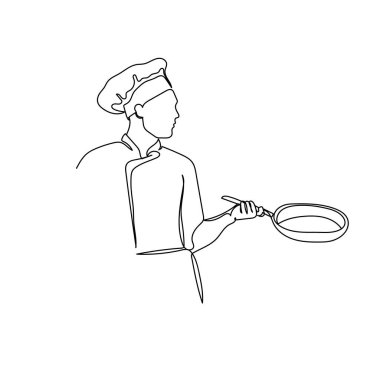 Beyaz arka planda yemek pişirme şefinin silüetini çizen tek bir satır aralıksız vektör. Doğrusal biçimlendirilmiş.