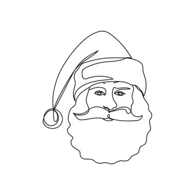 Vector, Noel Baba 'nın beyaz arka planda noel şapkası ve siluet çizimi olan tek çizgi ikonunu çizmeye devam ediyor. Doğrusal biçimlendirilmiş.