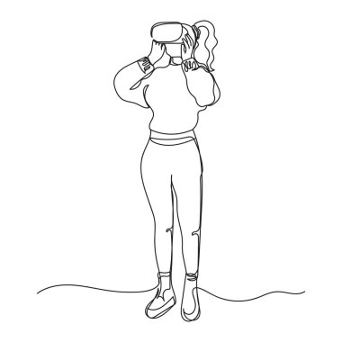 Beyaz arkaplanda siluet çiziminde sanal gerçeklik kulaklığı kullanan bir kadın çizimi simgesi. Doğrusal biçimlendirilmiş.