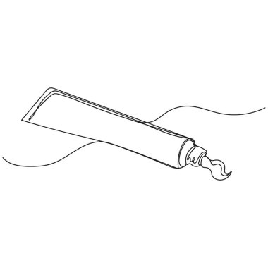 Beyaz arkaplanda, siluet çiziminde diş macunu tüpünün tek çizgi ikonunu sürekli olarak çizen vektör. Doğrusal biçimlendirilmiş.