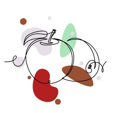 Vector soyut sürekli tek bir basit çizgi çizerek siluet çiziminde yapraklı organik meyveli elma ikonu çiziyor. Tebrik kartları için mükemmel