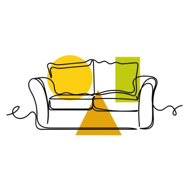 Silüet çiziminde oturma odasının iç kısmı için tek bir basit çizgi ikonu çizerek soyut bir vektör oluşturun. Tebrik kartları için mükemmel