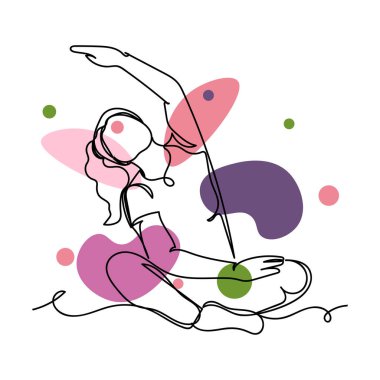 Vector soyut sürekli tek bir basit çizgi çizimi ev yoga sporu konseptini silüet skecinde kullanan kadın ikonu. Tebrik kartları için mükemmel