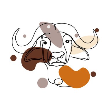 Soyut vektör soyut tek bir çizgi halinde siluet çizimine bufalo suratlı simge çiziyor. Tebrik kartları için mükemmel