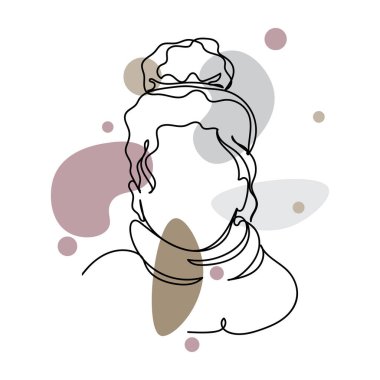 Silüet çiziminde soyut ve soyut bir kadın yüzünün simgesini çizerek soyut ve sürekli bir şekilde tek bir çizgi oluşturun. Tebrik kartları için mükemmel