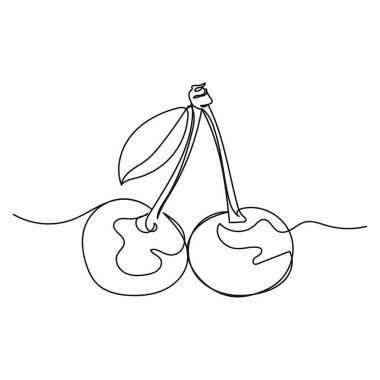 Vektör soyut sürekli tek bir basit çizgi siluet çizimi içinde kirazlı organik gıda ikonu çiziyor.